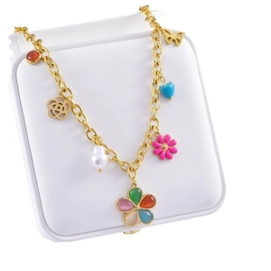French vintage gold necklace with colorful cat eye stone flower and heart pendants