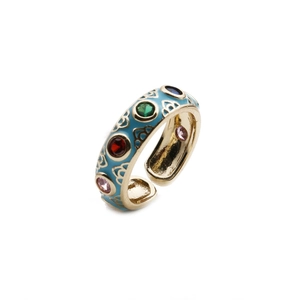 Bohemian adjustable gold-plated ring with sky blue enamel and colorful gemstones