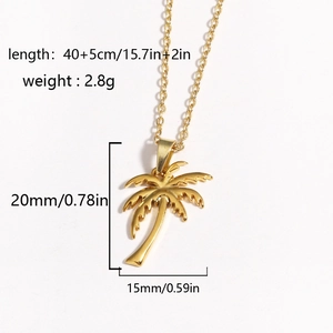 Golden stainless steel coconut tree pendant necklace with dimensions and size markers