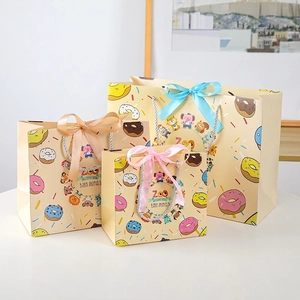 Cartoon Animal Gift Bag White Cardboard With Satin Ribbon Bow For Birthday Party Zoo Theme Donut Print Children Cute Handbag