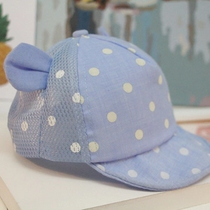 Light blue polka dot baby baseball cap with decorative ears and breathable mesh panels