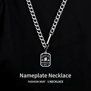 Hip hop men's Good Luck nameplate necklace with silver Cuban chain and black tag