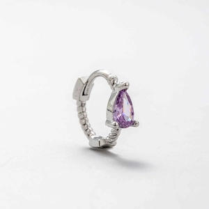 Silver twisted hoop earring with a purple teardrop zircon pendant shown in front view