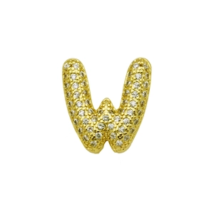 Detailed view of golden 26 letter W charm with micro-pave white zircon crystals