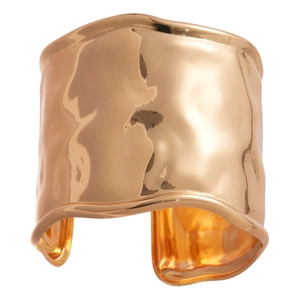 Polished gold hammered texture wide cuff bracelet featuring a minimalist metal design