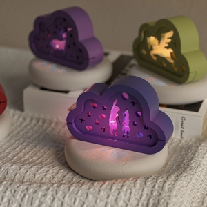 Cloud-shaped night light with hollow silhouette patterns and colorful projection effects