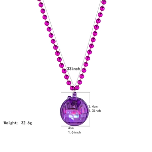 Detailed view of colorful 33-inch necklace with purple disco pendant and dimensions