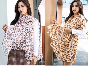 Detail showing pink-brown and orange-brown leopard print silk scarves on a model