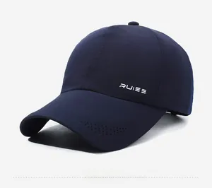 Detail view of breathable laser-cut holes and RUIEE logo on a navy baseball cap