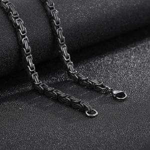 Men's vintage black stainless steel Byzantine chain necklace with polished clasp