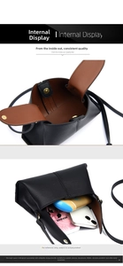 Detail view of black litchi pattern bucket bag showing magnetic closure and interior capacity