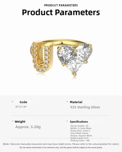 Detailed specs of S925 sterling silver adjustable ring with U-letter and heart zircon