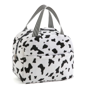 Sac à lunch isotherme avec imprimé vache, poche avant et poignées rayées pour pique-nique