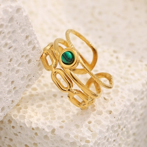 Close-up of triple-layered 18K gold-plated stainless steel ring with green malachite stone
