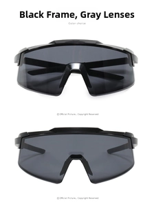 Close-up of black cycling sunglasses with large grey lenses for outdoor sport protection