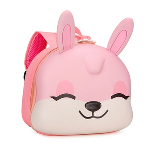 Pink 3D bunny kids backpack with cute rabbit ears and breathable straps on white background