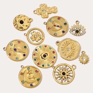 French vintage titanium steel gold pendants with evil eye, heart, and star charms set
