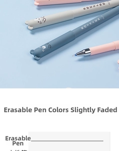 Detailed view of Morandi color erasable gel pens with cartoon bear heads and bullet tips