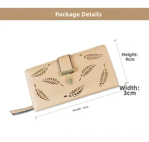 Detailed size view of beige long wallet featuring leaf cutout and dimensions 19x9x3cm