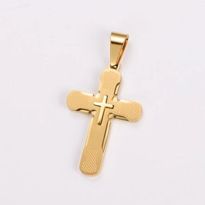 Detailed view of golden stainless steel cross pendant with matte and polished finishes