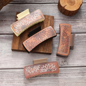 Vintage Western Sunflower Pattern Artificial Leather Rectangle Hair Claw Clip Large Retro Shark Clip Hair Accessory Women