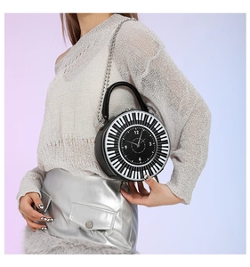 Detail of round handbag featuring creative piano keys and clock dial design elements