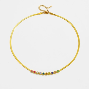 Golden flat snake chain necklace featuring twelve colorful round zircon gemstones