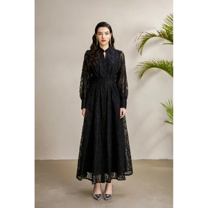 Elegant Black Lace Maxi Dress Stand Collar Button Down Lantern Sleeve Hollow Out Slim Waist Retro Palace Style Women