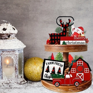 Rustic wooden Christmas tiered tray decor set with Santa, reindeer and farmhouse truck