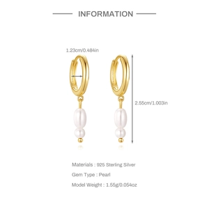 Detail specifications of 925 silver pearl hoop earrings showing dimensions and materials