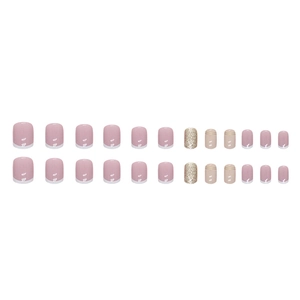 Faux ongles d'orteils français courts avec paillettes champagne et dorures roses