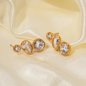 Elegantly crafted gold plated stainless steel stud earrings with three zircon stones