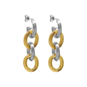 Two-tone 18K gold plated titanium steel textured link earrings on white background