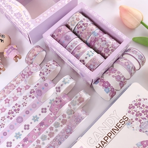 Floral washi tape set with cherry blossom patterns and gold foil for journaling