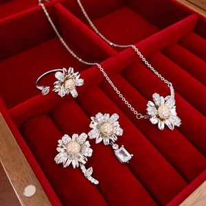 Detailed view of silver daisy jewelry set with cubic zirconia in a red velvet box
