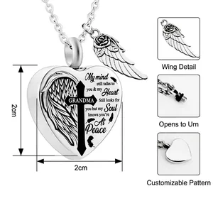 Stainless steel heart urn necklace with Grandma cross and wing for memorial ashes