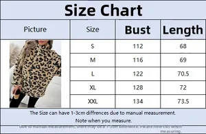 Detailed size chart for women leopard print pullover jacket showing bust and length