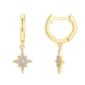 Detail view of gold S925 silver star pendant earrings with pavé white zircon stones