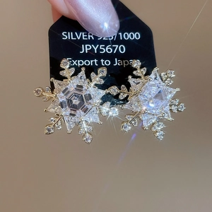 Macro shot of silver 925 snowflake earrings with sparkling cubic zirconia on card