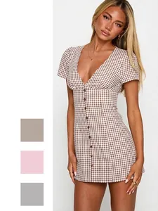 Gingham Plaid V Neck Short Sleeve Button Up Mini Dress For Women Slim Fit Polyester Summer Casual Vintage Style