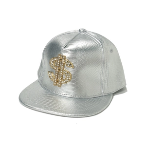 Silver crocodile-patterned PU baseball cap with golden rhinestone dollar sign