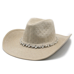 Sand beige suede cowboy hat with rhinestones and luxury crystal headband on white background