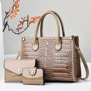 Ensemble 3 pièces sac à main marron motif crocodile avec cabas et pochette