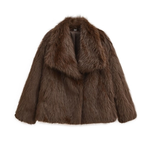 Fashionable dark brown faux fur jacket with large lapels and a soft plush texture