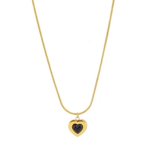 Minimalist gold heart pendant necklace with black inlay on a clean white background