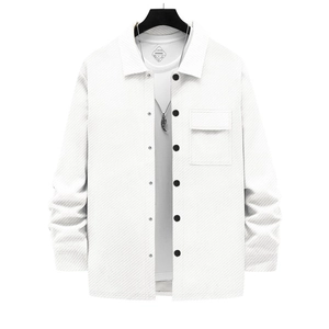 Detailed view of white heavy twill jacket fabric texture with single breast pocket