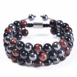 Pulsera de tres capas de ojo de tigre y hematita con cordón trenzado ajustable