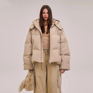 Beige oversized hooded down jacket with waterproof duck down and star embroidery logo