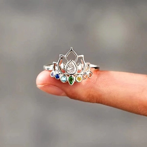 Lotus Flower Ring For Women Copper Cubic Zirconia Rainbow Multi Color Pear Cut Clear Stone Bohemian Floral Jewelry