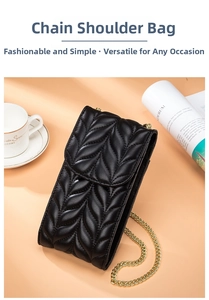 Detailed view of black leaf-quilted leather phone bag with elegant gold chain strap